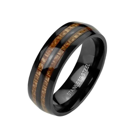 Double Wood Inlay Center Black IP Stainless Steel Ring 7mm width size 11 - Picture 2 of 3